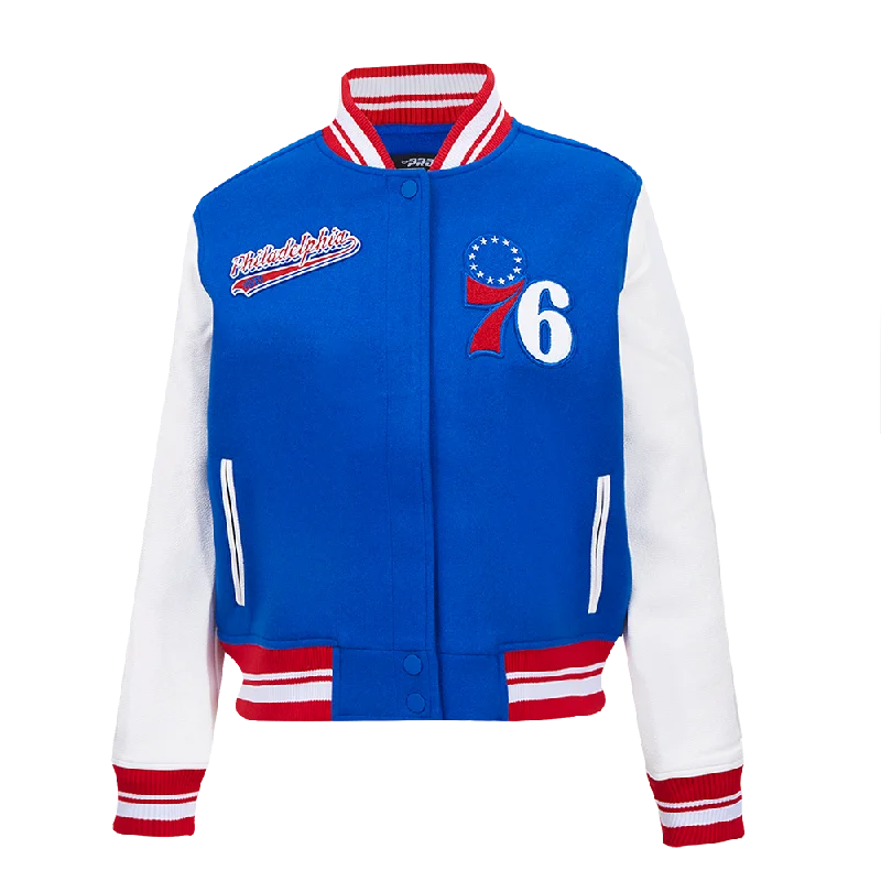 versatile casual coat for women -NBA PHILADELPHIA 76ers SCRIPT TAIL WOMEN'S WOOL VARSITY JACKET (ROYAL BLUE/RED)