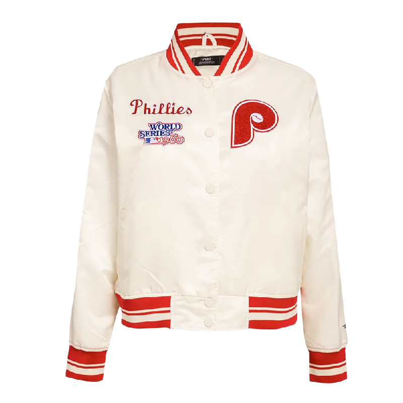 women's thermal long coat -MLB PHILADELPHIA PHILLIES RETRO CLASSIC WOMEN'S RIB SATIN JACKET (EGGSHELL/RED)