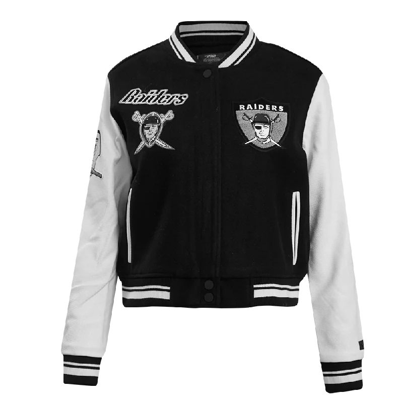 sleek minimalist coat for women -NFL OAKLAND RAIDERS RETRO CLASSIC WOMEN'S RIB WOOL VARSITY JACKET (BLACK/WHITE)