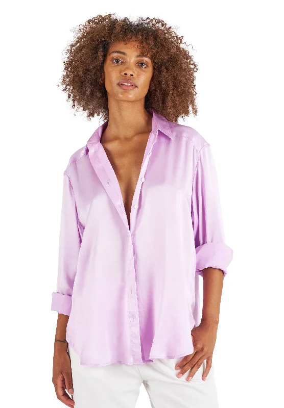 women's draped short sleeve blouse -Soie Lilac Oversized 100% Silk Shirt