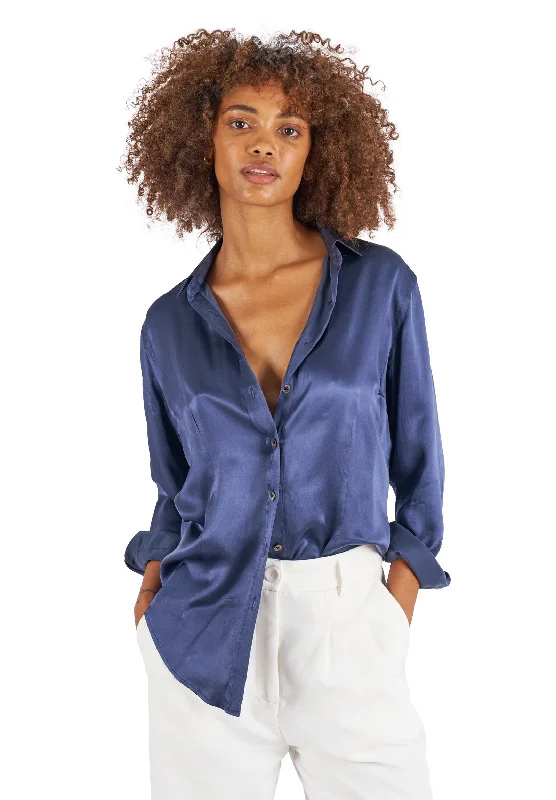 ladies short sleeve blouse -Satin-Silk Avio Blue Classic Fit Charmeuse Silk Shirt