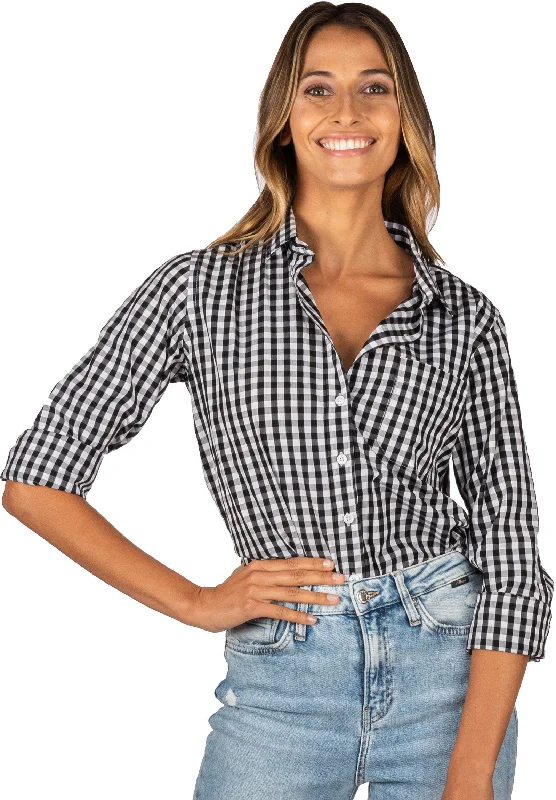 wrinkle-free short sleeve shirts for women -Gigi Black Gingham Relaxed Cotton Shirt