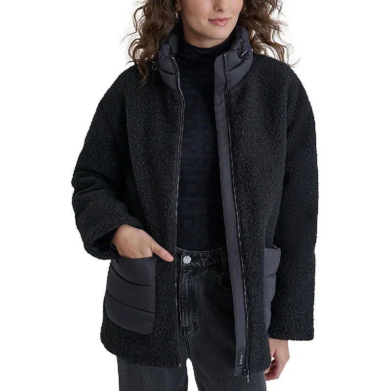 women's classic pea coat -DKNY Womens Faux Shearling Pockets Fleece Jacket