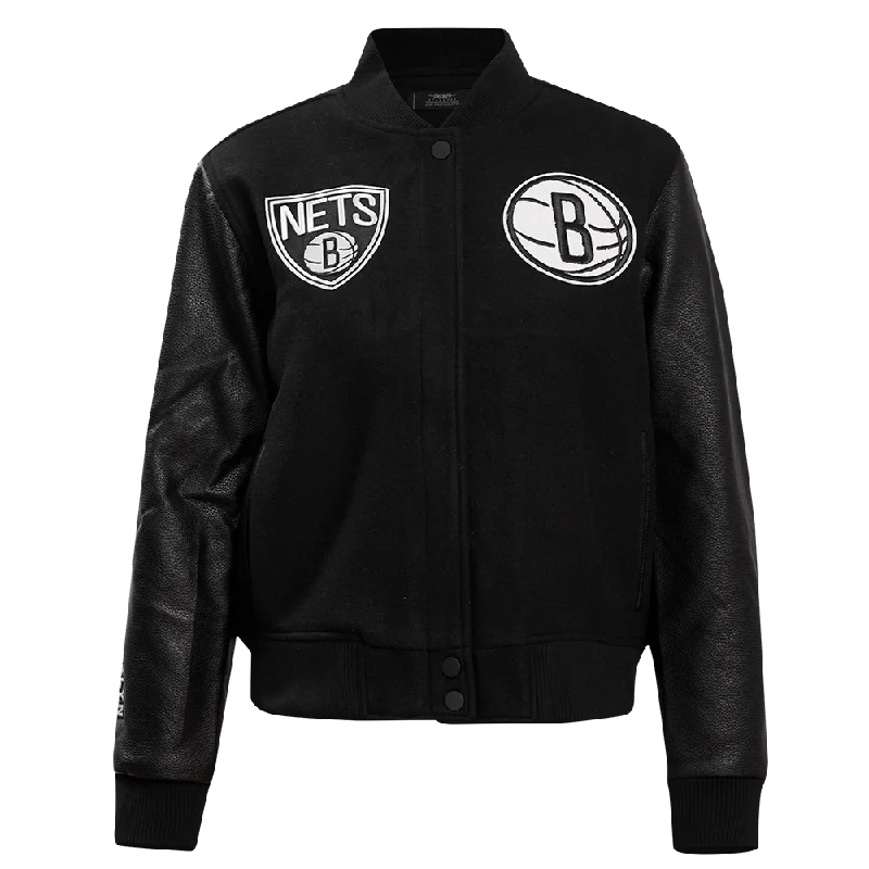 cozy oversized wrap coat for women -NBA BROOKLYN NETS CLASSIC WOOL WOMEN'S VARSITY JACKET (JET BLACK)