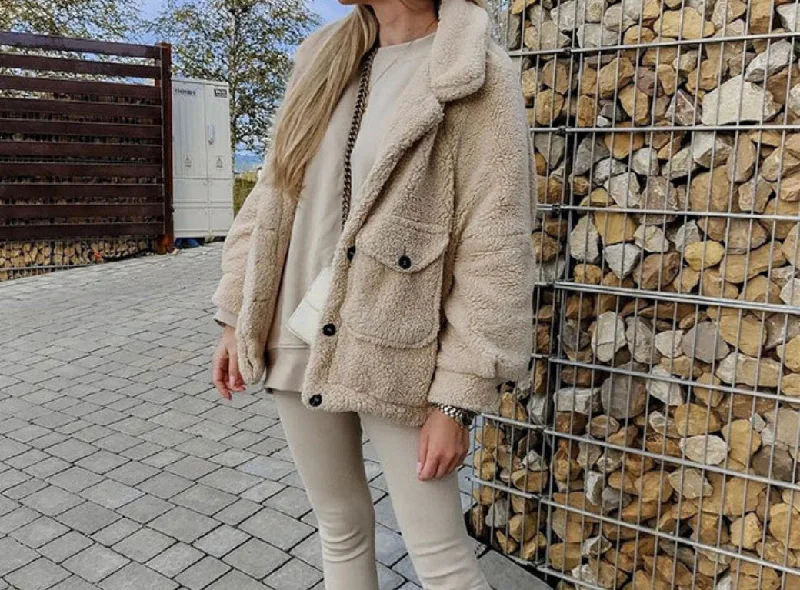 ladies' fur-lined jacket -Warm Lapel Teddy Coat