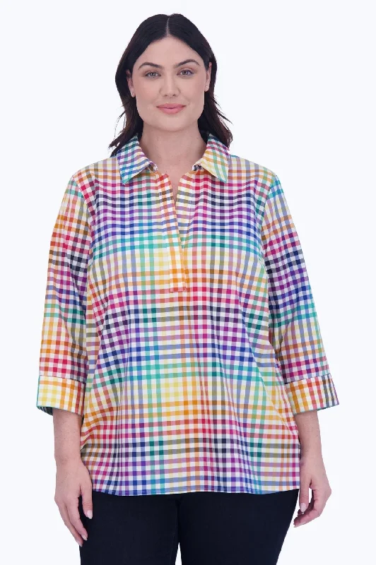 women's boyfriend style short sleeve tee -Sophia Plus No Iron Rainbow Gingham Popover Shirt