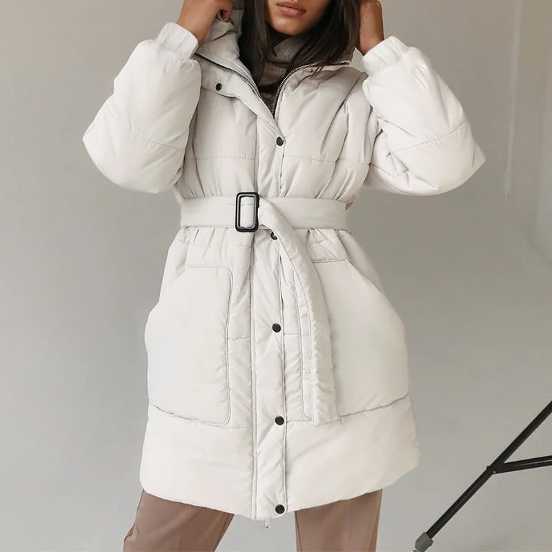 women's relaxed fit blazer -White Long Belt Padded Coat