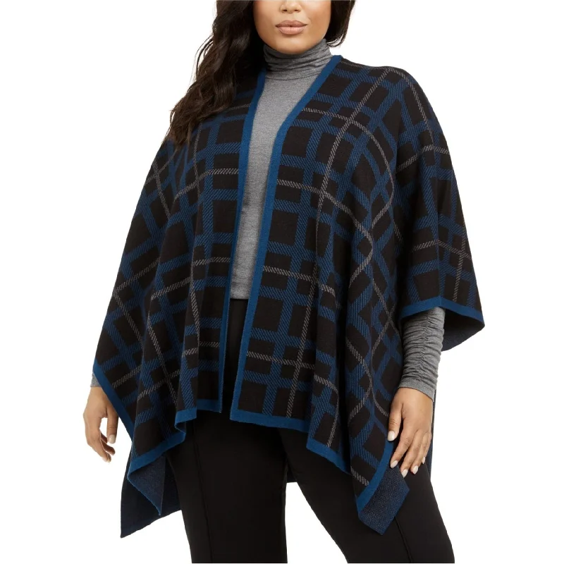 women's travel-friendly jacket -Anne Klein Womens Plaid Knit Cape Jacket, Black, 0X/1X