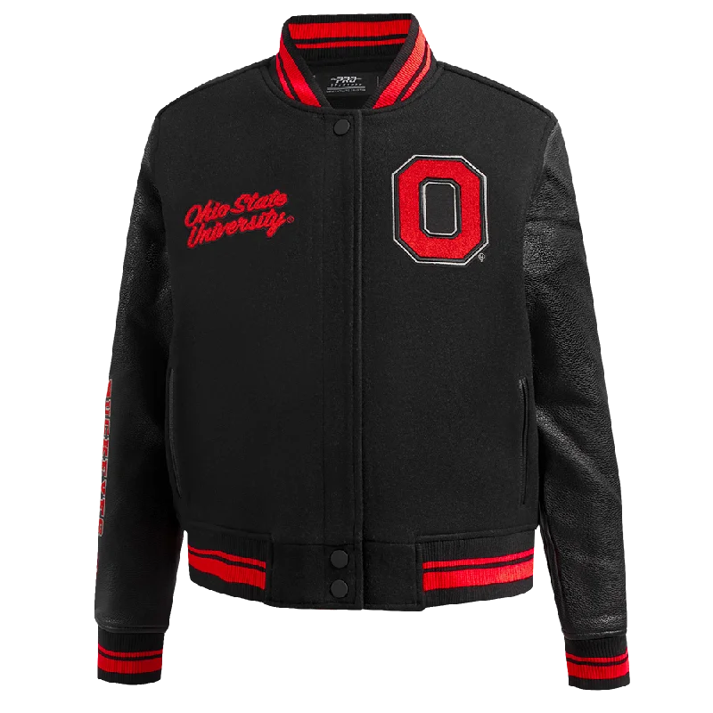 cozy oversized wrap coat for women -OHIO STATE UNIVERSITY CLASSIC WOMEN'S RIB WOOL VARSITY JACKET (BLACK/RED/BLACK)