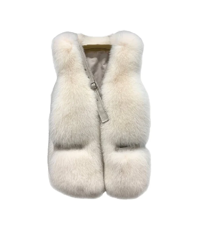 trendy plaid coat for women -Genuine Striped Panel Fox Fur Vest Gilet In Cream