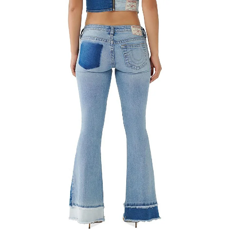 loose baggy high-rise jeans for ladies -Womens Patchwork Low Rise Flared Jeans