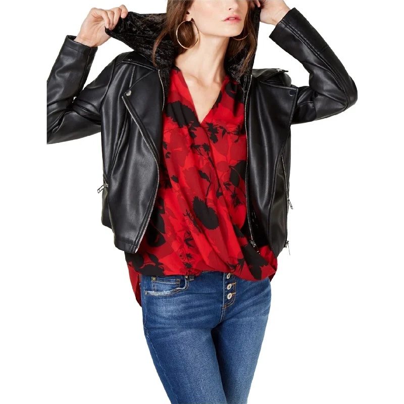 breathable softshell jacket for women -I-N-C Womens Velvet Hoodie Faux-Leather Jacket