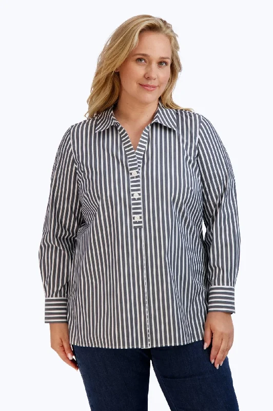 women's zip-up short sleeve top -Pamela Plus Stretch No Iron Stripe Shirt, Black/White Stripe