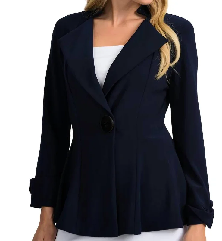 casual oversized shacket for women -Collared Pea Coat Top In Midnight Blue