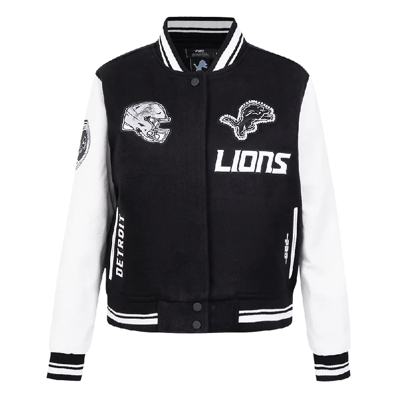 luxury designer winter coat for women -NFL DETROIT LIONS PEARLS WOMEN'S RIB WOOL VARSITY JACKET (BLACK/WHITE)