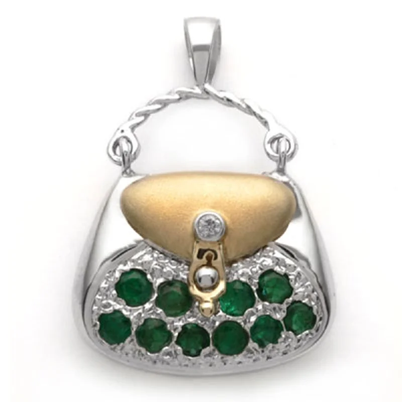 women's faux fur coat -14k Yellow and White 2-Tone Gold Emerald and  Diamond Purse Pendant