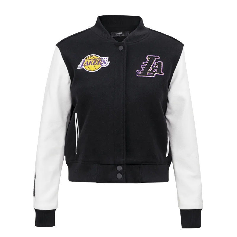 urban style cropped puffer jacket -NBA LOS ANGELES LAKERS CLASSIC WOOL WOMEN'S VARSITY JACKET (BLACK/WHITE)