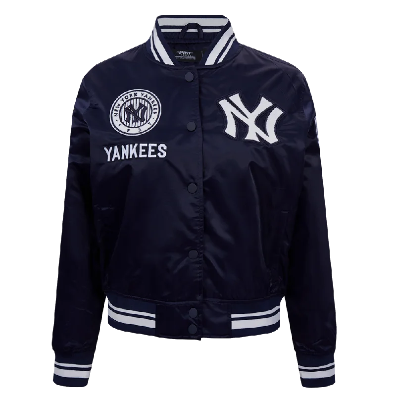 casual zip-up hoodie jacket for women -MLB NEW YORK YANKEES RETRO CLASSIC WOMEN'S RIB SATIN JACKET (MIDNIGHT NAVY)