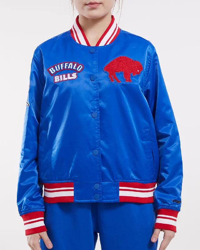 women's faux fur coat -NFL BUFFALO BILLS RETRO CLASSIC WOMEN'S RIB SATIN JACKET (ROYAL BLUE/RED)