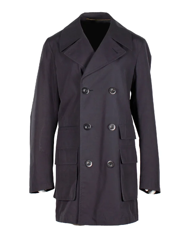 women's cropped bomber jacket -Valentino Garavani Double-Breasted Coat in Blue Wool