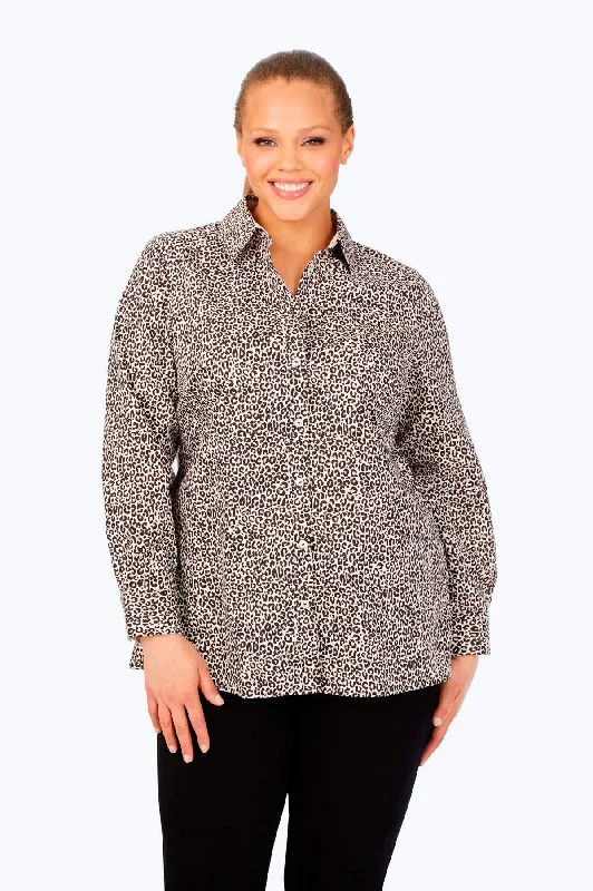 ladies' button-up short sleeve blouse -Plus Luxe Leopard No Iron Tunic