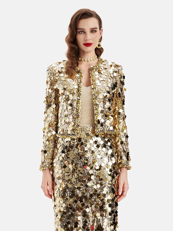 classic women's wool coat -Gold Sequin Short Jacket