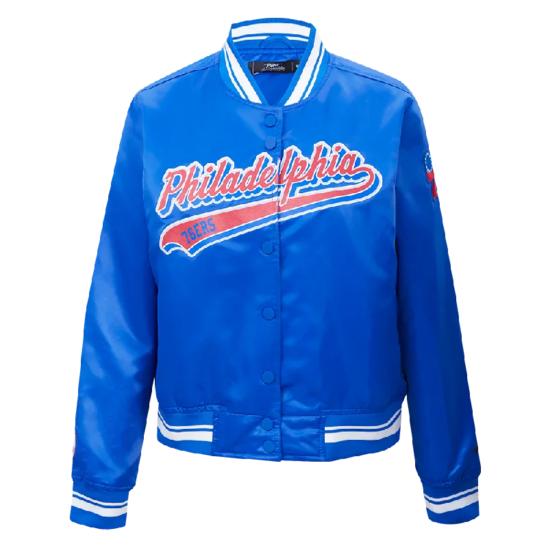 women's lightweight cargo jacket -NBA PHILADELPHIA 76ers SCRIPT TAIL WOMEN'S SATIN JACKET (ROYAL BLUE)