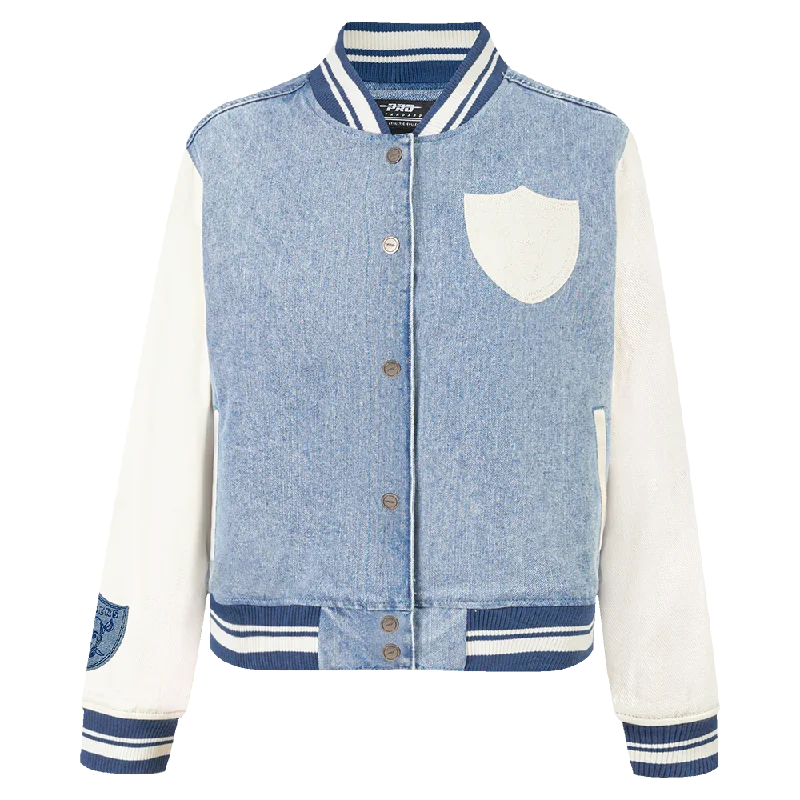 chic oversized blazer for women -NFL LAS VEGAS RAIDERS VARSITY BLUES WOMEN'S DENIM VARSITY JACKET (DENIM/LINEN)