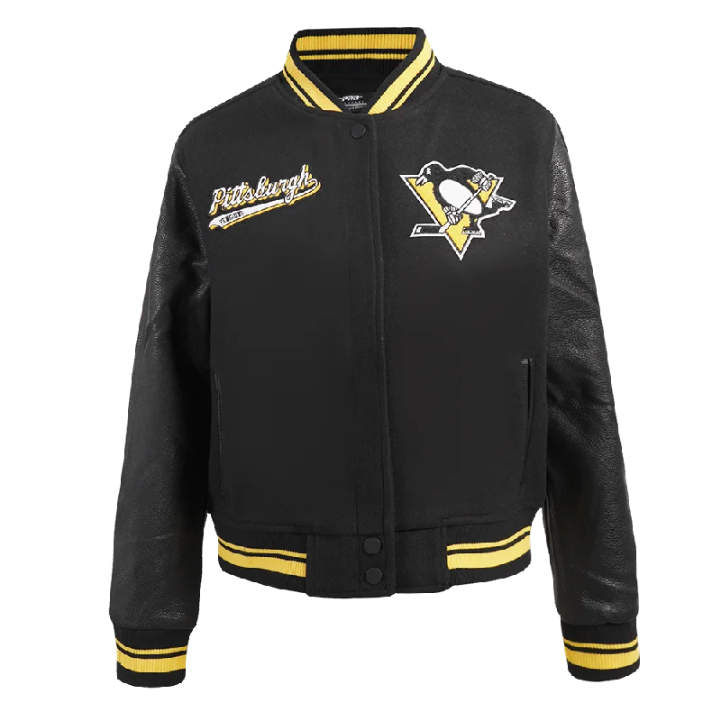 ladies' insulated ski jacket -NHL PITTSBURGH PENGUINS SCRIPT TAIL WOMEN'S WOOL VARSITY JACKET (BLACK/YELLOW)