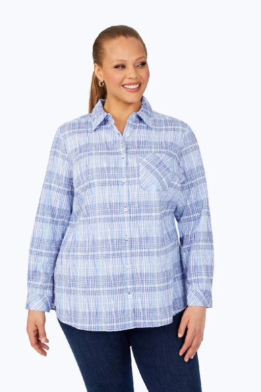 ladies' chiffon short sleeve blouse -Germaine Plus Purely Plaid Crinkle Tunic