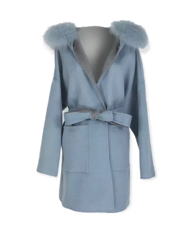 ladies' cashmere overcoat -Double Faced Belted Wool Cashmere Coat With Fur Hoodie In Blue