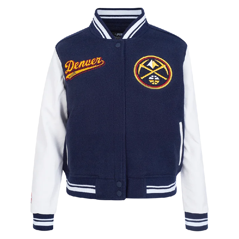 ladies' fleece zip-up jacket -NBA DENVER NUGGETS SCRIPT TAIL WOMEN'S WOOL VARSITY JACKET (MIDNIGHT NAVY/WHITE)