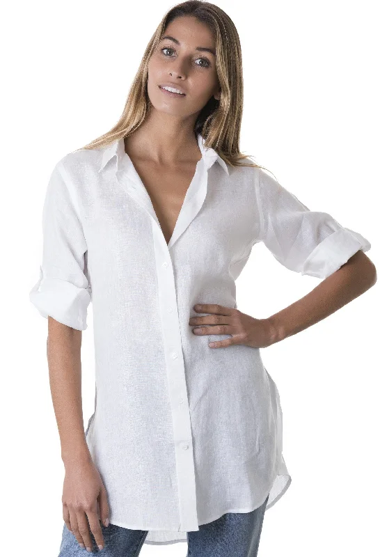 women's fitted short sleeve tee -Gaia White Relaxed Linen Tunic