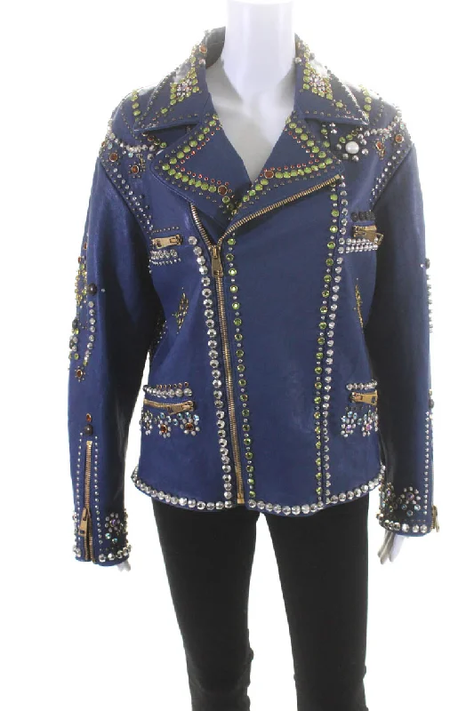 chic oversized blazer for women -Gucci Womens Leather Crystal Embellished Zip Up Coat Jacket Navy