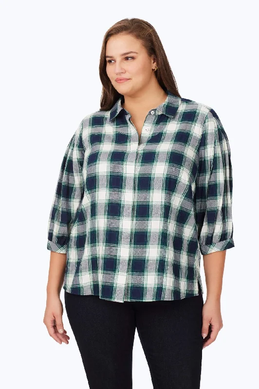 women's mesh panel short sleeve t-shirt -Plus Brushed Pleated Sleeve Plaid Shirt