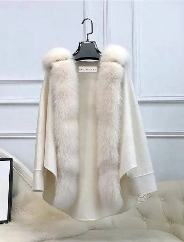 warm shearling coat for women -Oversized Australian Wool Fox Fur Trim Poncho