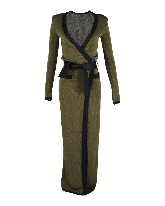 ladies' soft knit cardigan coat -Balmain Open-Front Belted Maxi Cardigan in Green Wool