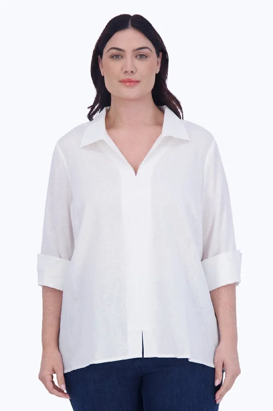 women's draped short sleeve blouse -Agnes Plus Easy Care Solid Linen Popover Shirt, White