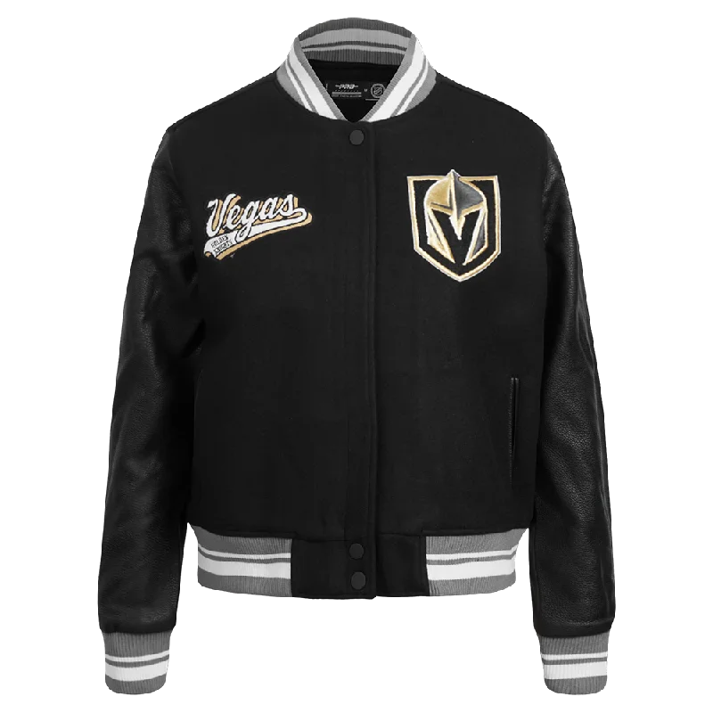 fashionable belted wool coat for women -NHL VEGAS GOLDEN KNIGHTS SCRIPT TAIL WOMEN'S WOOL VARSITY JACKET (BLACK/GRAY)