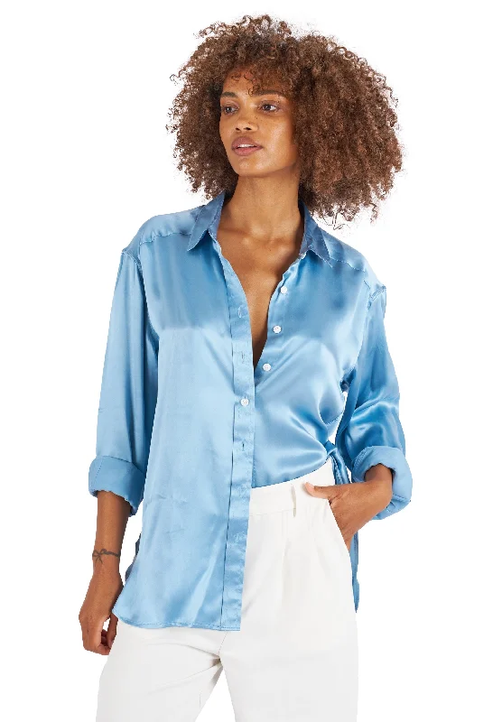 everyday wear short sleeve t-shirts for ladies -Soie Zenith Blue Oversized 100% Silk Shirt