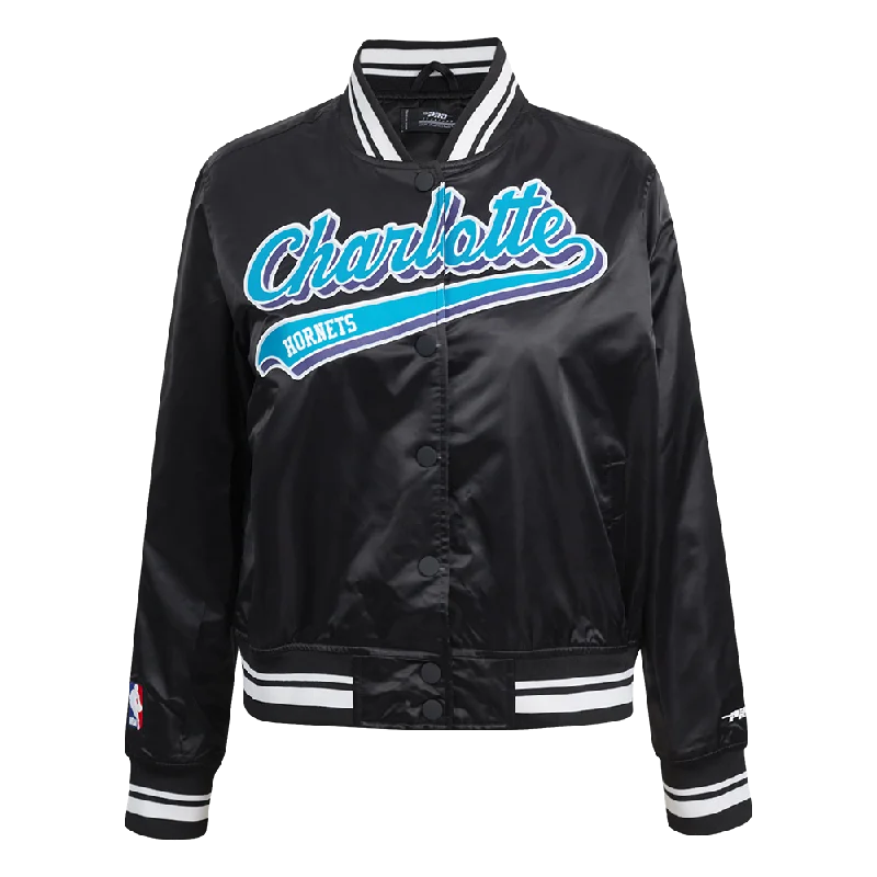 ladies' sporty windbreaker -NBA CHARLOTTE HORNETS SCRIPT TAIL WOMEN'S SATIN JACKET (BLACK)