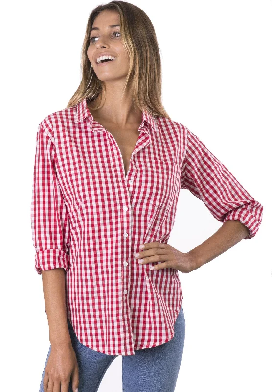 classic black short sleeve t-shirt for women -Gigi Red Gingham Relaxed Cotton Shirt