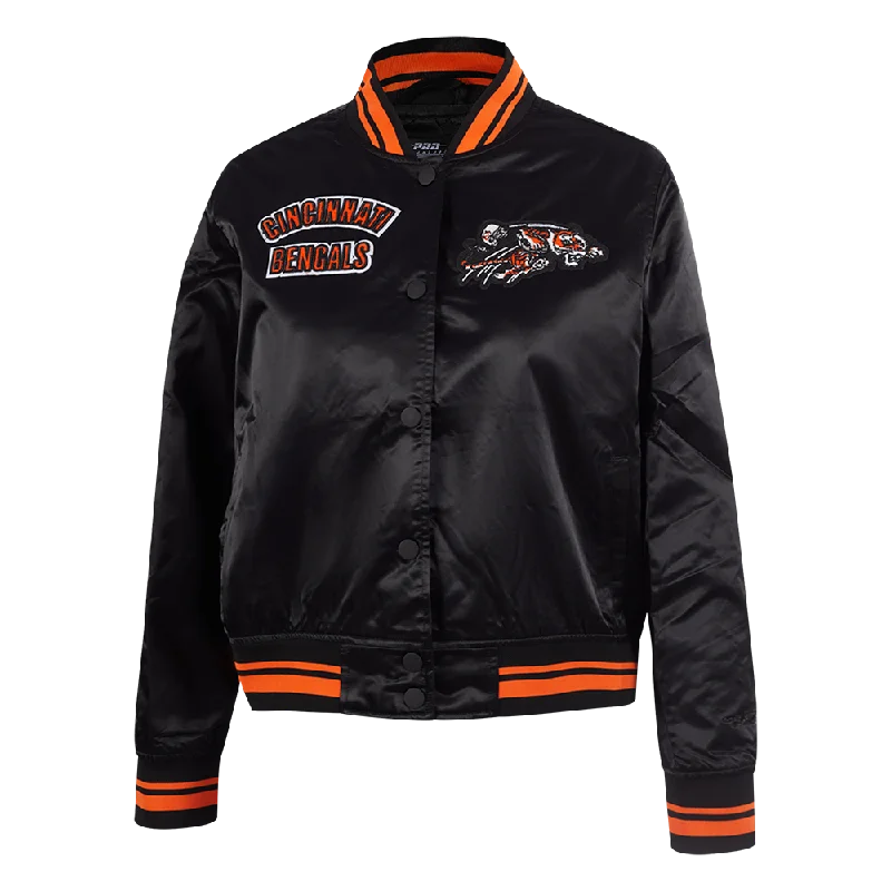 women's varsity bomber jacket -NFL CINCINNATI BENGALS RETRO CLASSIC WOMEN'S RIB SATIN JACKET (BLACK/ORANGE)