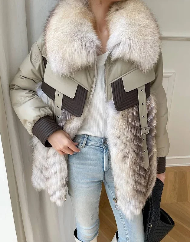 cropped faux leather jacket for women -Oversized Fox Fur Duck Down Parka