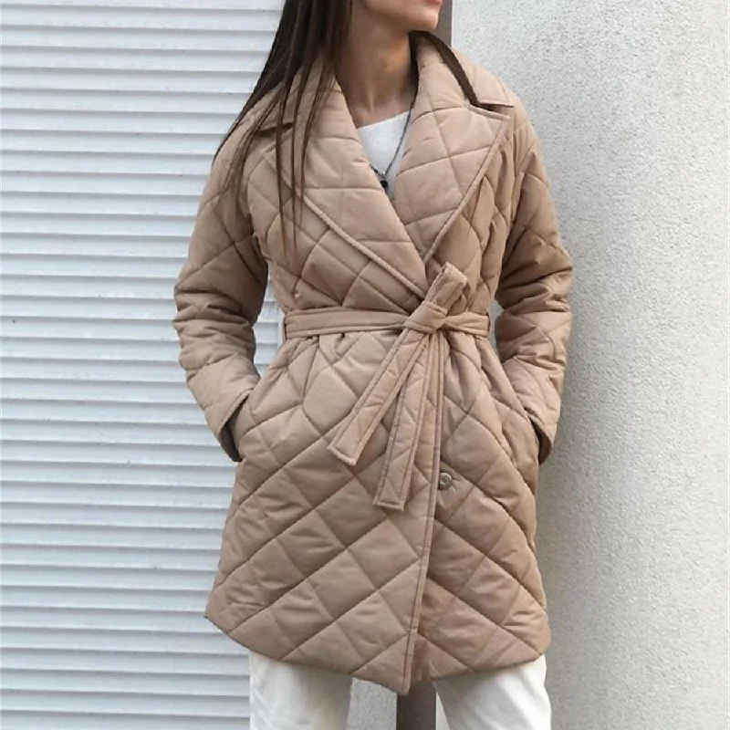 warm down coat for women -Mid-length Cotton Lace-Up Coat