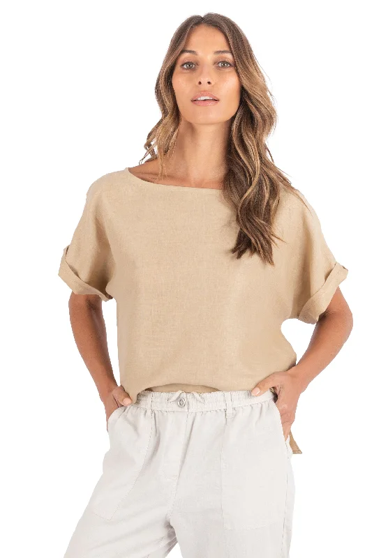 women's collared short sleeve blouse -Kaori Caffe Latte Kimono Sleeve Linen Top