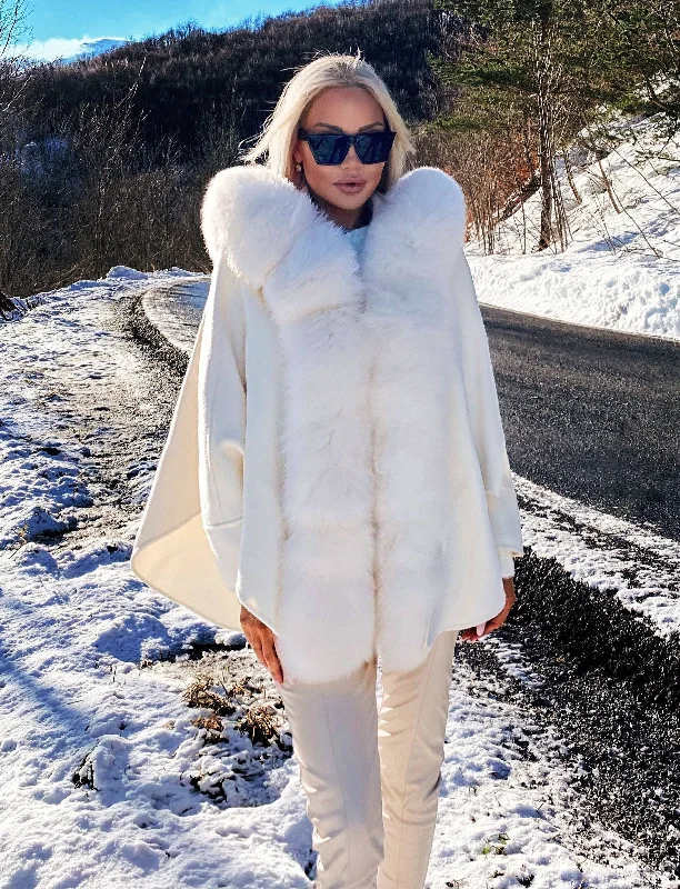 ladies' longline puffer coat -Oversized Australian Wool Fox Fur Trim Poncho sun White