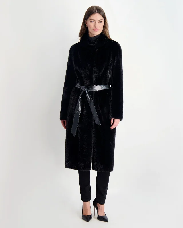 winter parka for women -Mink Short Coat with Leather Belt