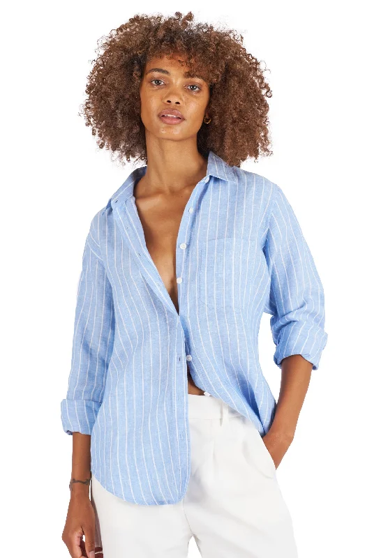 flowy chiffon short sleeve tops for summer -Iris Carolina Blue Stripes Classic Fit Linen Shirt