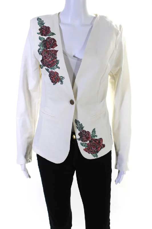 stylish leather jacket for women -Elisabetta Franchi Womens Jeweled Floral Print Jacket White Cotton